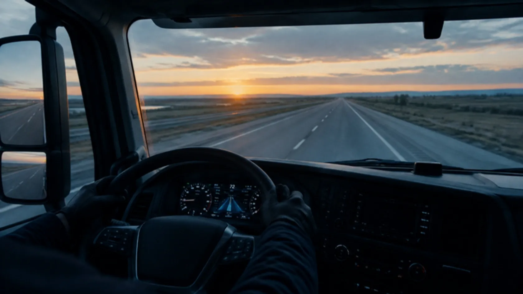 View from a truck cab at sunrise, the driver's hands on the wheel and an empty interstate ahead