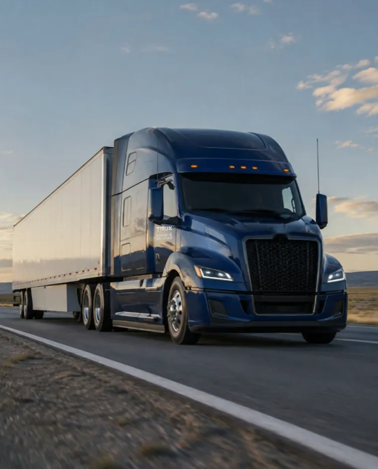 Navy semi truck on an open interstate at dusk