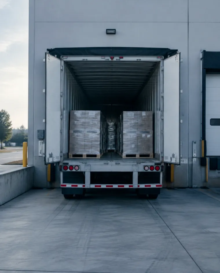 White dry van trailer backed into an open dock door, pallets inside