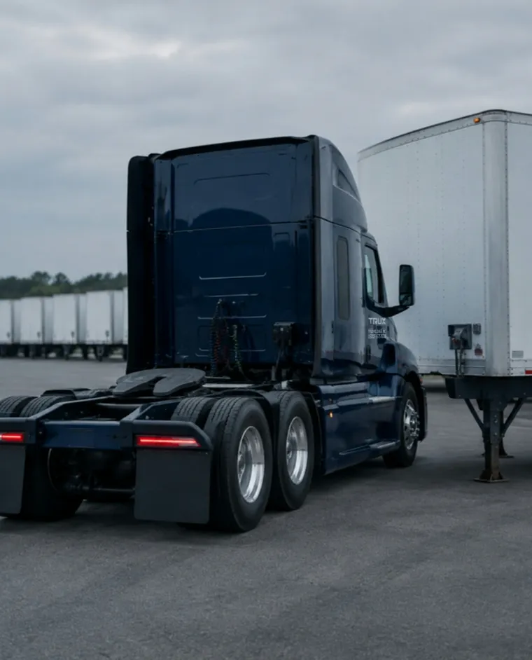 Navy tractor backing under a parked white trailer in a drop yard